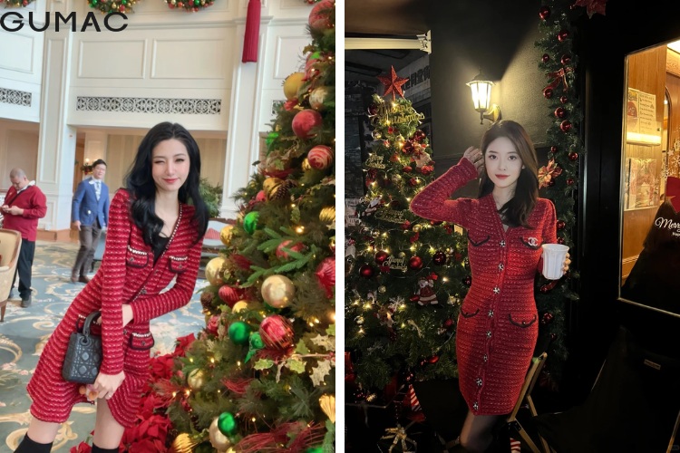Mùa Xmas nổi bật với đầm dạ tweed màu đỏ