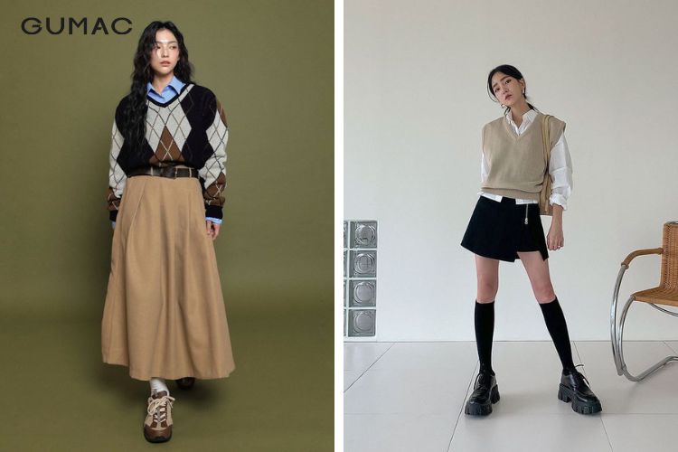 Áo jumper + Áo sơ mi + Chân váy