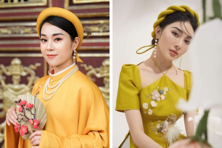 mặc áo dài vàng mang bông tai chuỗi hạt ngọc trắng