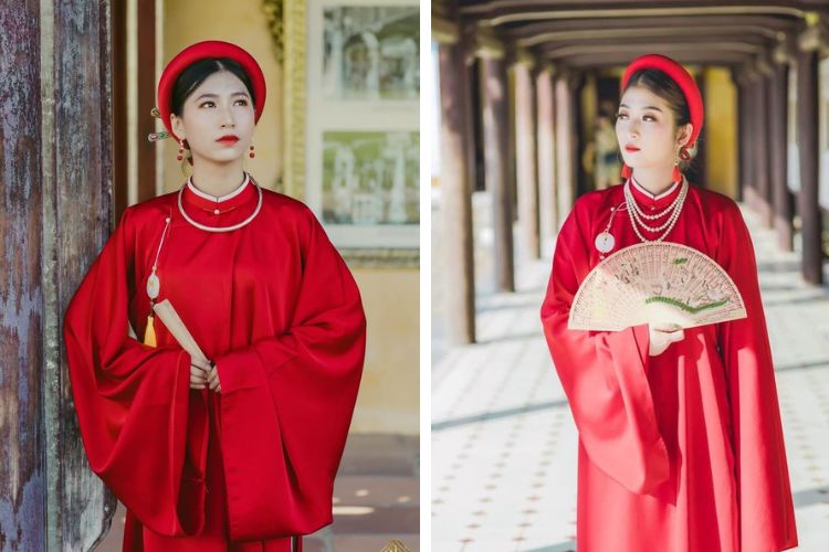 áo dài đeo bông tai màu đỏ