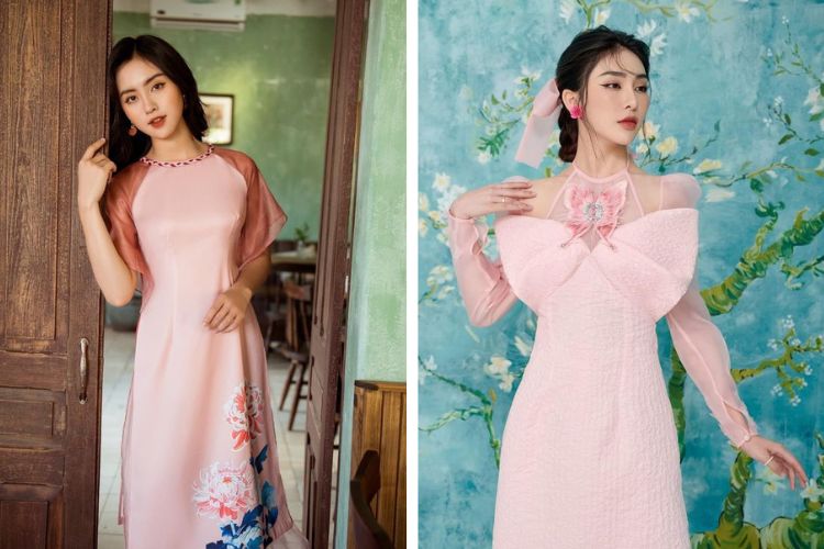 áo dài màu hồng phối với bông tai màu hồng