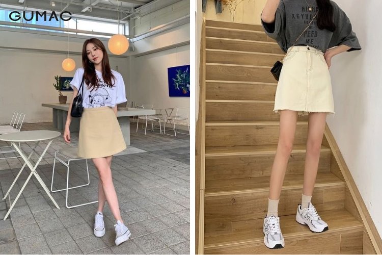 Mix giày thể thao cùng chân váy chữ A năng động