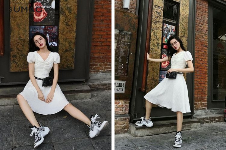 Mix giày thể thao cùng váy đầm dự tiệc sang trọng