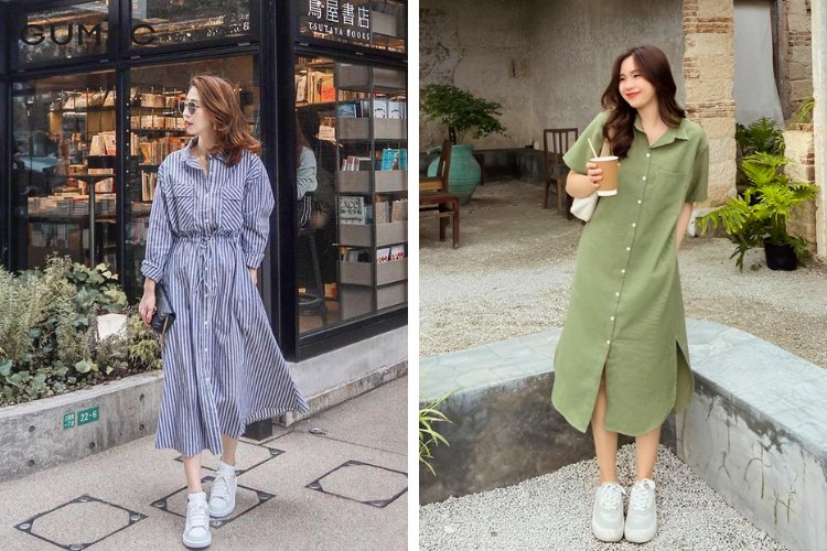 Mix giày thể thao với váy sơ mi cực xinh
