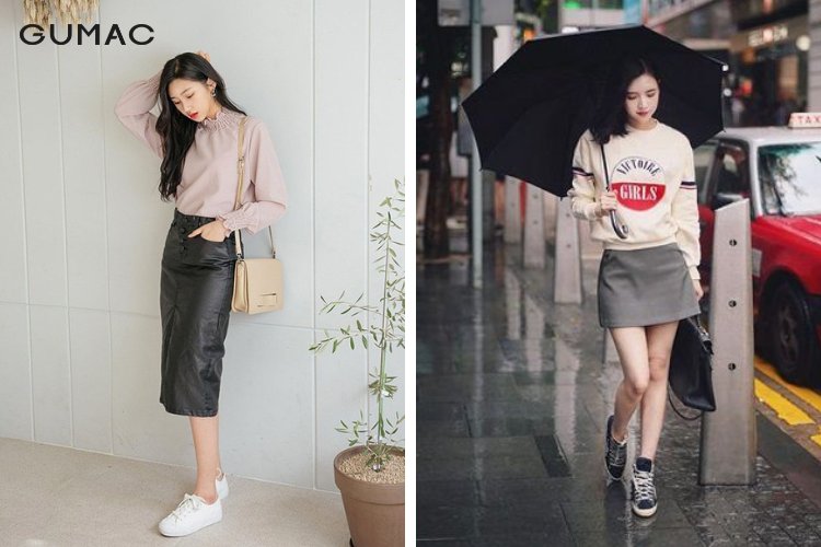 Mix-match giày thể thao cùng chân váy da thời trang
