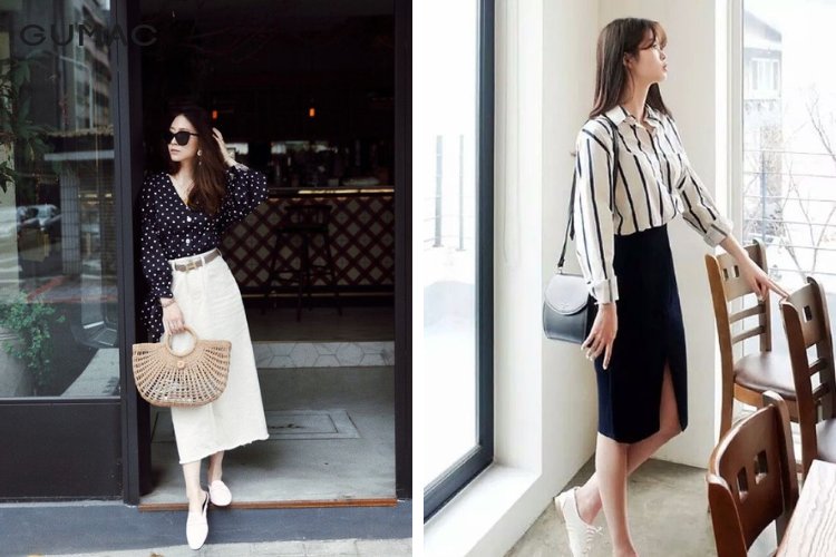 Phối giữa giày thể thao với váy đầm vest