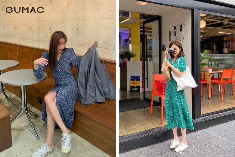 Phối giữa giày thể thao với váy hoa vintage xinh xắn