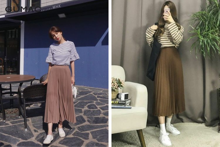 Kết hợp giày thể thao cùng chân váy xếp ly