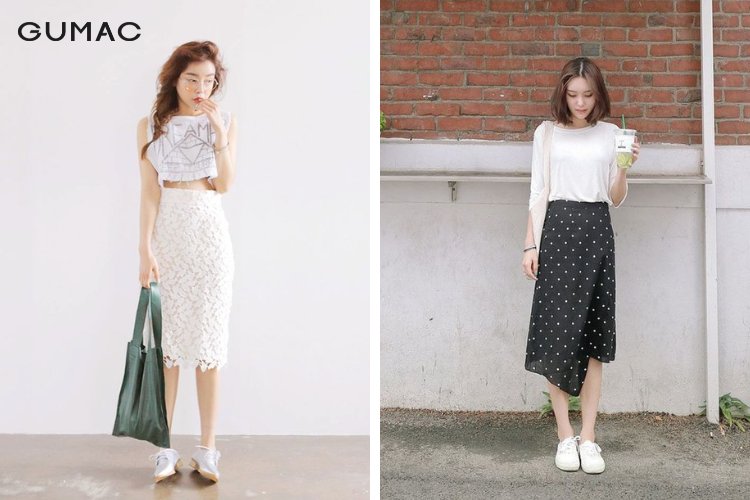 Thời trang hiện đại cùng giày thể thao và váy vải ren
