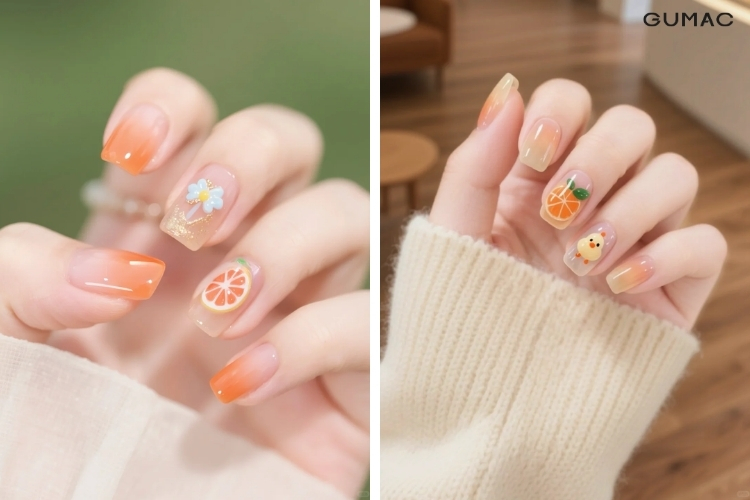 mau nail ve hoa tiet de thuong mau cam