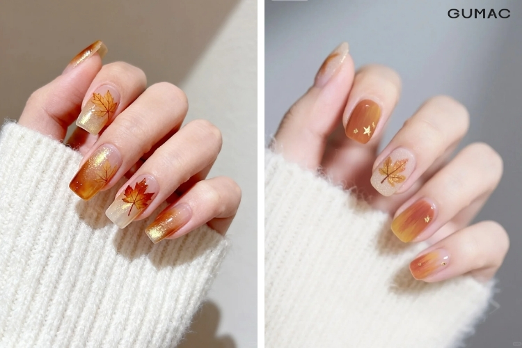 mau nail mau cam ve hoa tiet la