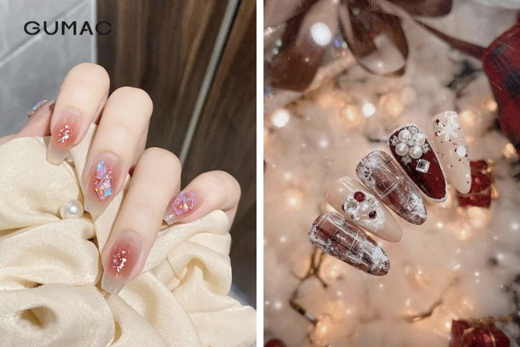 Kiểu nail giáng sinh khảm đá lấp lánh