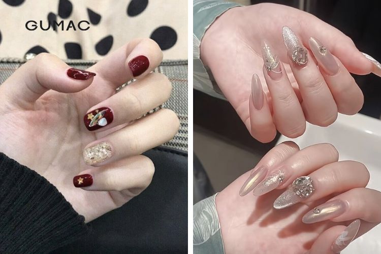 Mẫu nail Noel đính charm nổi bắt mắt