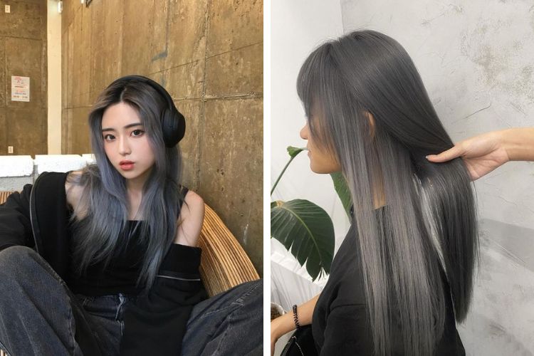 tóc dài thẳng màu than chì