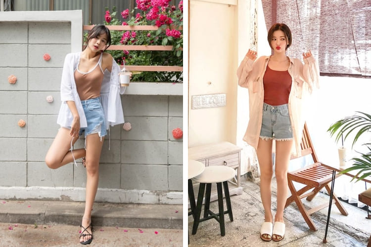 mix đồ đi biển cho người gầy phối áo 2 dây và quần short khoác áo sơ mi