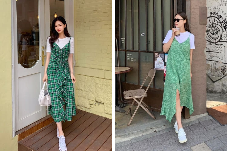mix đồ đi biển cho người gầy phối áo thun và váy 2 dây xẻ tà