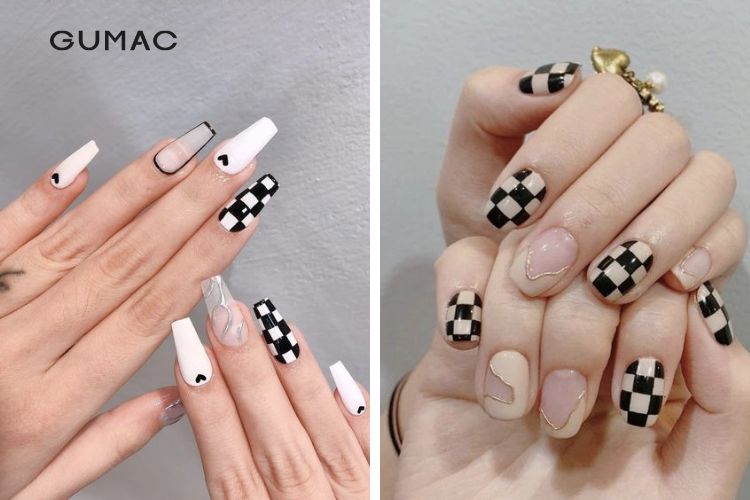 Các kiểu nail đen trắng caro