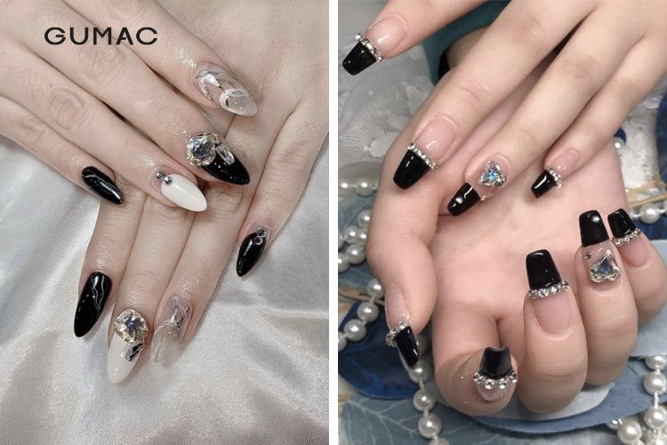Mẫu nail đen trắng đính đá lấp lánh