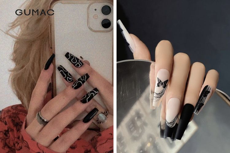 Nail đen trắng cute hoạ tiết