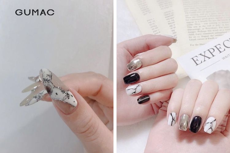 Nail vân đá trắng đen lạ mắt