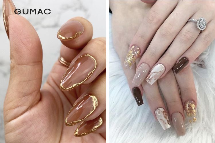 Các kiểu nail nâu tây dát vàng