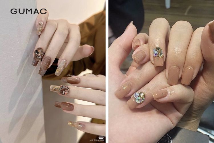 Những kiểu nail màu nâu tây đính đá sành điệu