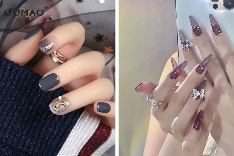 Các mẫu nail tím đính đá sang chảnh