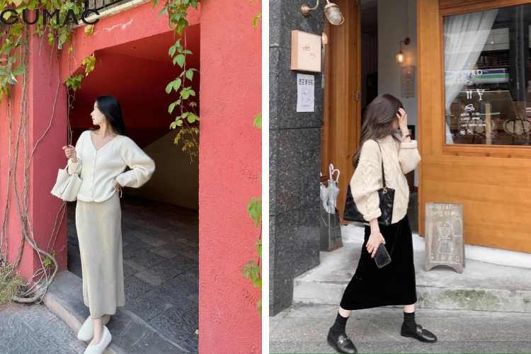 Áo sweater len mix chân váy len