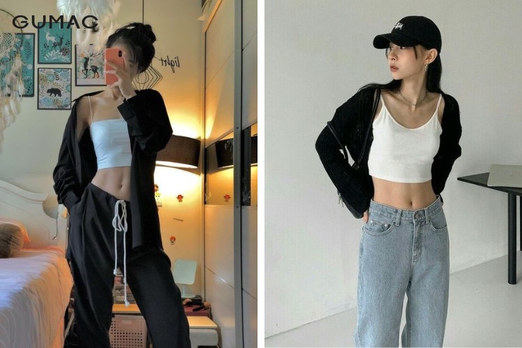 Thời trang áo 2 dây croptop mặc bên trong áo khoác trẻ trung