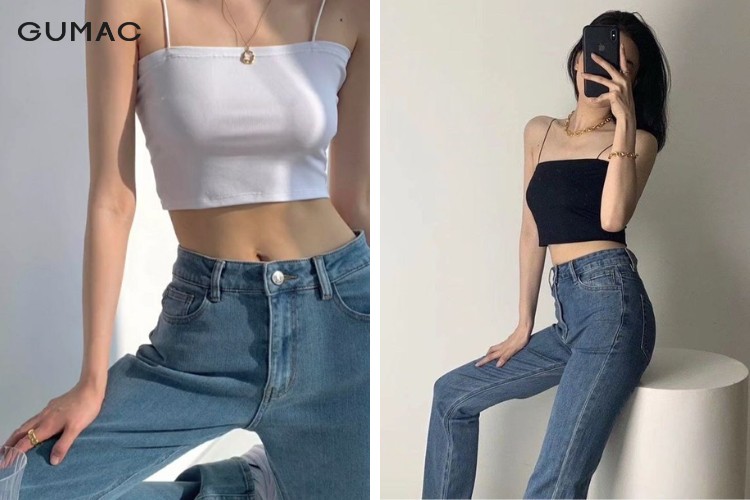Phối quần jean ống rộng cùng áo 2 dây croptop năng động
