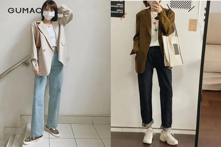 Combo quần jean áo blazer mix áo thun và giày sneaker