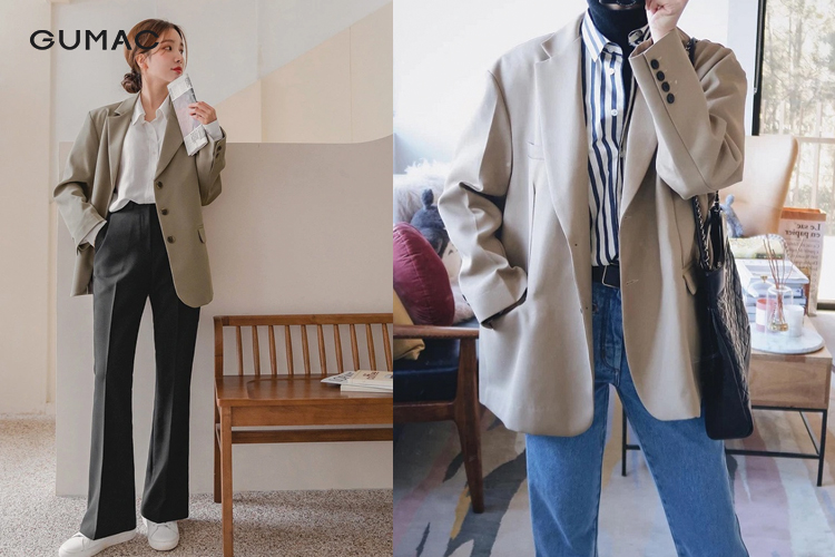 Phối áo blazer quần jean thêm layer áo sơ mi