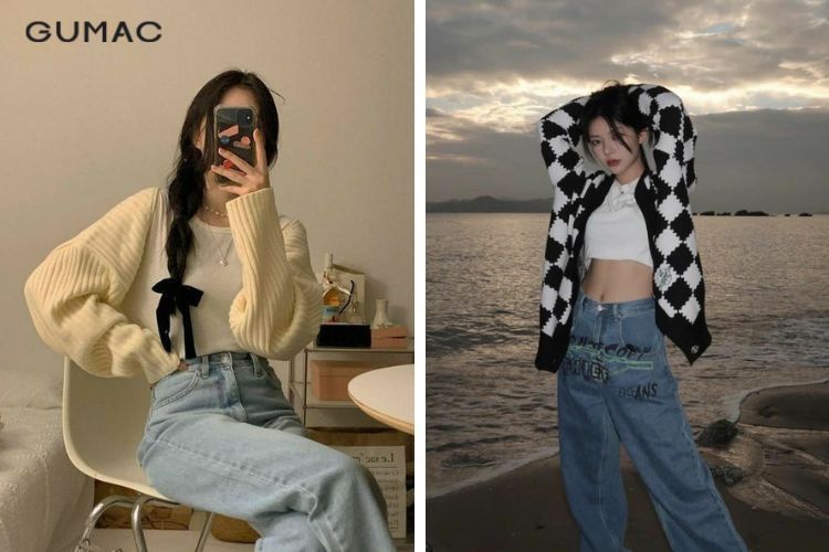 Quần ống rộng phối cùng áo khoác cardigan