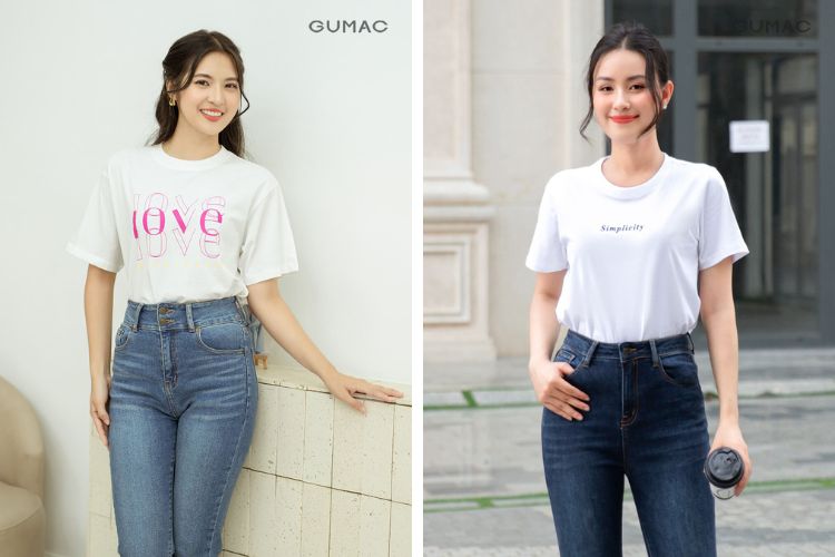 Áo thun trắng kết hợp cùng quần jeans