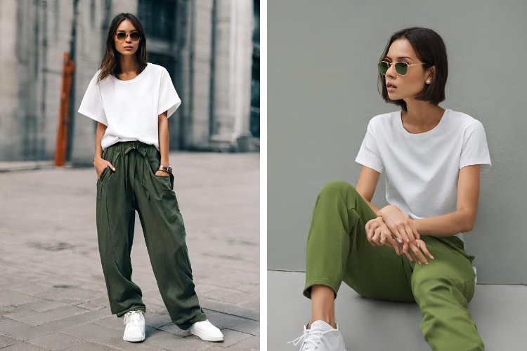 Phối áo thun trắng cùng màu xanh lá cây