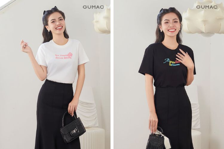 Mix áo thun cùng với chân váy