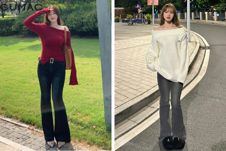 Outfit áo trễ vai với quần ống loe hack dáng