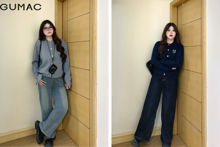 Quần jeans ống rộng mix cardigan cho nàng tròn trịa thêm nữ tính