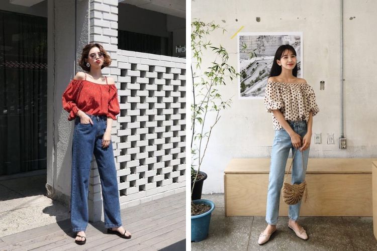 Mix áo trễ vai với quần ống đứng