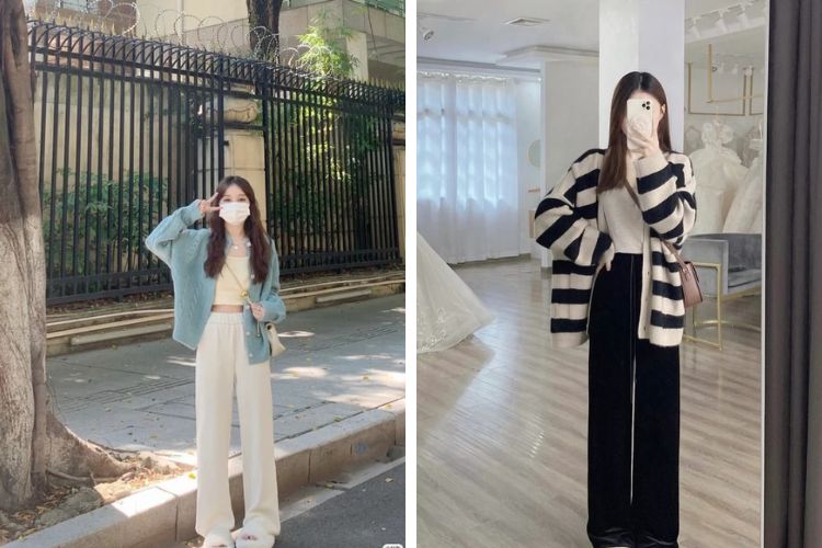 Mix quần ống suông cùng áo cardigan