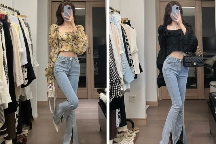 Quần ống loe mix với áo croptop