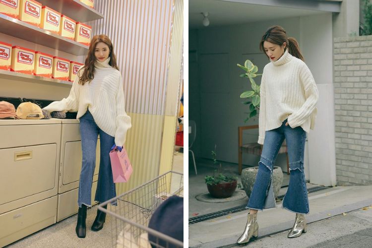 Quần ống loe kết hợp với áo len