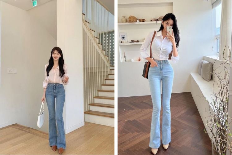 outfit quần ống loe phối với áo sơ mi