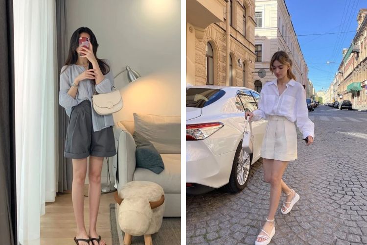 Quần short sơ vin cùng áo sơ mi