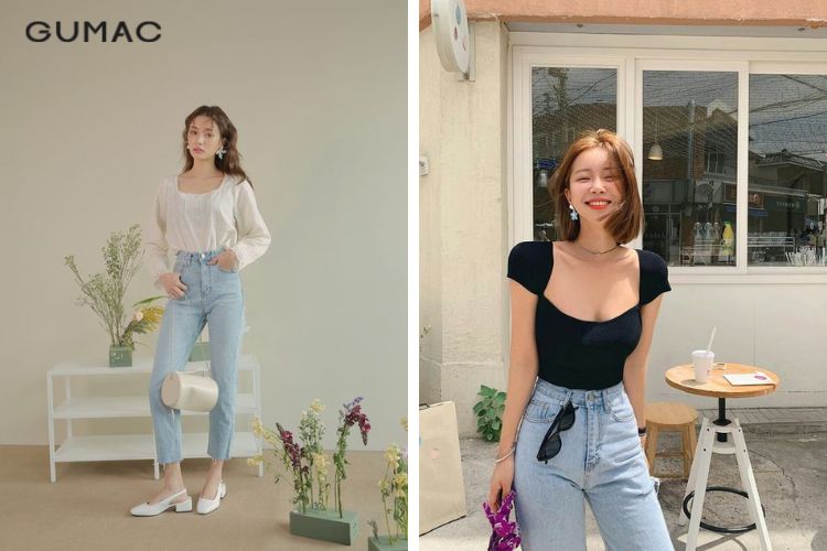 Áo cổ vuông với quần jean