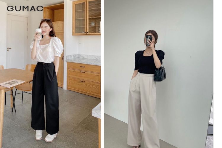 Áo cổ vuông với quần ống rộng