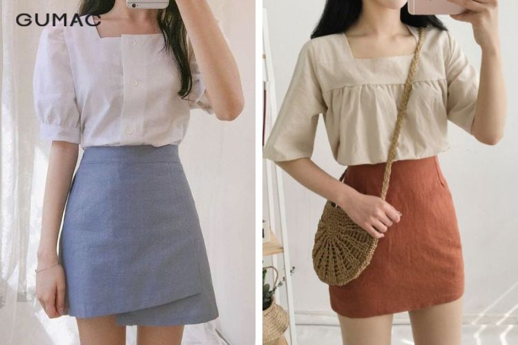Chân váy chữ A với áo cổ vuông