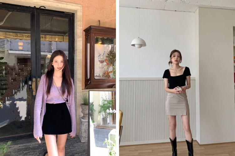 Chân váy ngắn với áo cổ vuông