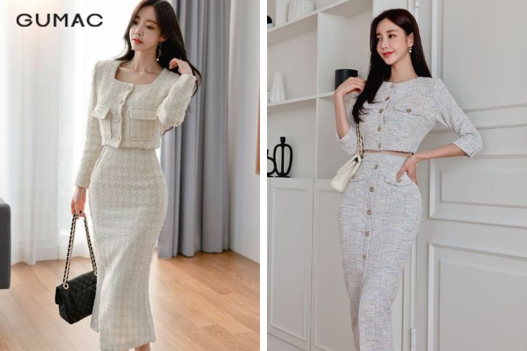 Chân váy bút chì với áo cổ vuông
