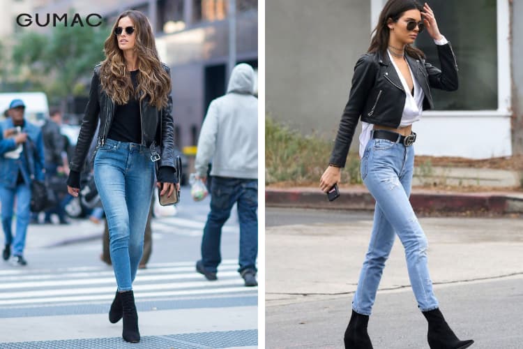 Áo da phối với quần jeans